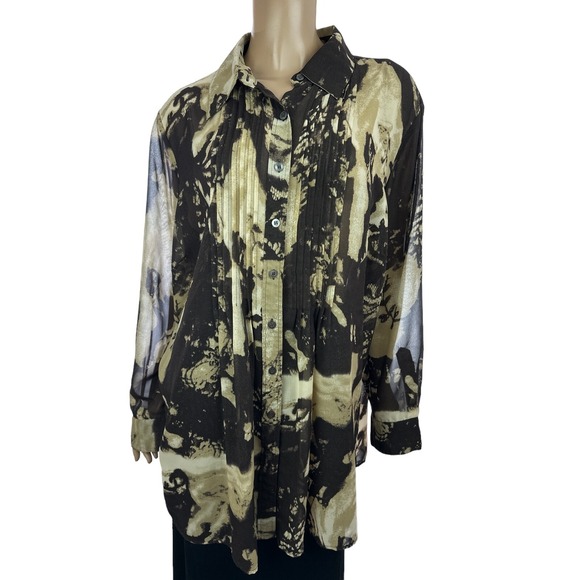 Chaus Tops - Chaus Blouse Size 20W Collared Button-Up Sheer Light & Dark Brown Polyester